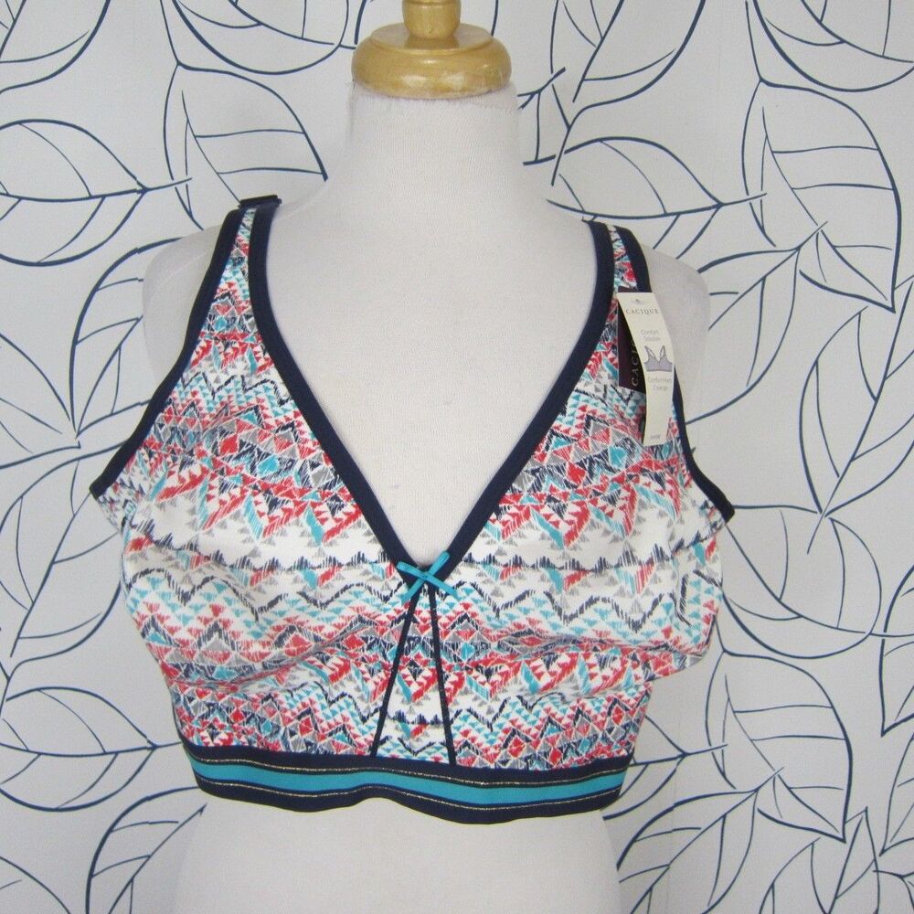 Cacique Lane Bryant Teal Navy Geo Print Cotton Blend Wireless Bra Size 48DD NWT